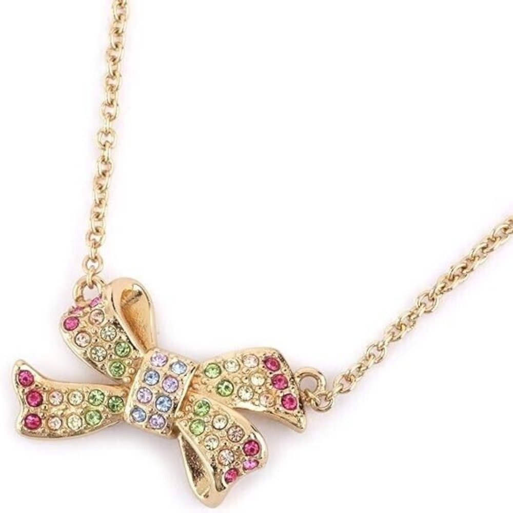 New & Original $118 COACH Pavé Bow Pendant Necklace Rhinestone 16" + 2" Length - Picture 1 of 8